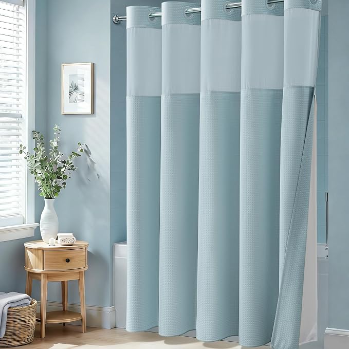 Fog Blue Hook Free Waffle Shower Curtain & Snap-in Liner,72x87 | Less Time to install, 3 in 1 Fabric Shower Curtain and Liner Set with Magnets, Extra Long, Shower Curtains for Bathroom