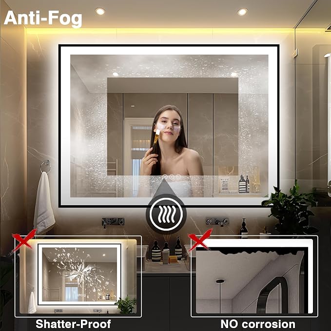 EchosLife 51x40 Bathroom Light up Mirror, Black Framed Double Lights Mirror | Black Frame, Front and Backlit, Anti-Fog, Stepless Dimmable, 3 Colors, Memory, Tempered Glass, UL Listed, Horizontal/Vertical