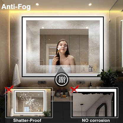 EchosLife 51x40 Bathroom Light up Mirror, Black Framed Double Lights Mirror | Black Frame, Front and Backlit, Anti-Fog, Stepless Dimmable, 3 Colors, Memory, Tempered Glass, UL Listed, Horizontal/Vertical
