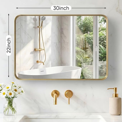 OLIXIS Bathroom Mirror for Over Sink, 30x22 Inch Wall Mount Mirror, Gold | Rounded Rectangle Mirror with Matte Metal Framed, Modern Wall Vanity Mirror for Home Decor, Living Room