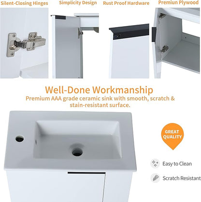 22" Floating Bathroom Vanity with Sink, Wall Mounted for Small Bathrooms, Soft-Close Door Cabinet with White Ceramic Basin & Waterproof Plywood, Modern Space Saving Vanity for Apartment