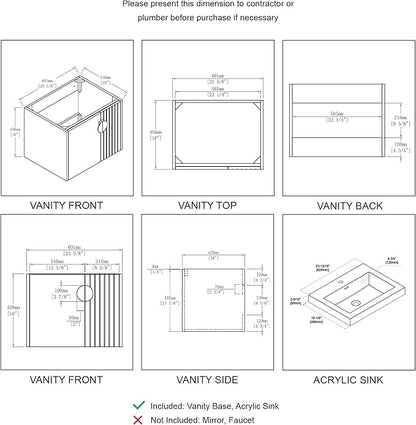 Blossom 24 Inch Bathroom Vanity with Sink, All Wood Wall Mounted Floating Bathroom Vanity with Acrylic Sink, Small Bathroom Vanity Organizer for Space-Saving Storage Solution, Sage Green