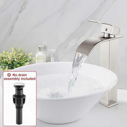 Midanya Waterfall Spout Bathroom Faucet Single Handle 1 Hole Bathroom Sink Faucet,Modern RV Lavatory Vanity Basin Tap with Water Hose,No Drain,Tall Body,Brushed Nickel