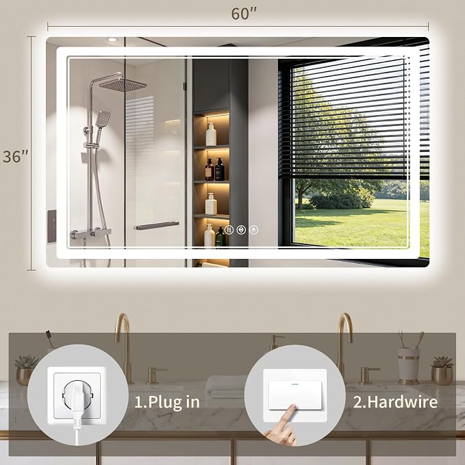 36"x60" LED Bathroom Mirror with Lights, Backlit + Front Lit, Anti-Fog, Lighted Bathroom Mirror for Wall, HD Shatterproof Tempered Glass, Dimmable, Memory Function (Horizontal/Vertical)