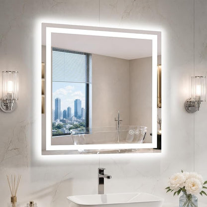 28"x28" LED Bathroom Mirror with Lights, Anti-Fog, Backlit+Frontlit | CRI 95, Stepless Dimmable, 3 Colors Lighting, Shatterproof Tempered Glass, HD Reflection, Memory, (Horizontal/Vertical)