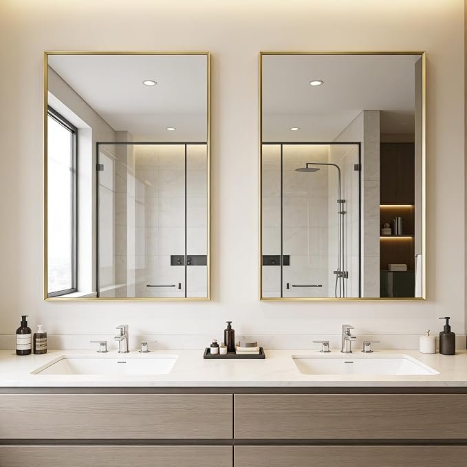 Bathroom Mirror for Wall, 36x24 Inch Framed Vanity Mirror Brushed Gold | Rectanglar Metal Beveld Framed Mirror for Over Sink, Tempered Glass, Anti-Rust, Hangs Horizontally or Vertically
