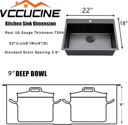 VCCUCINE 22x18 Inch Gunmetal Black Drop in Kitchen Sink,16 Gauge Topmount RV Small Kitchen Bar Sink,Stainless Steel Wet Bar Sink,Outdoor Single Bowl,Laundry Prep Sink