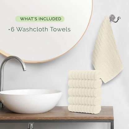 Elegant Comfort 100% Turkish Cotton Corduroy Ribbed Luxury Washcloths 6 Pack Soft 13 x 13 Inch - Higly Absorbent, Durable, Quick Dry, Spa Premium Hotel Quality for Bathroom or Travel, Ivory