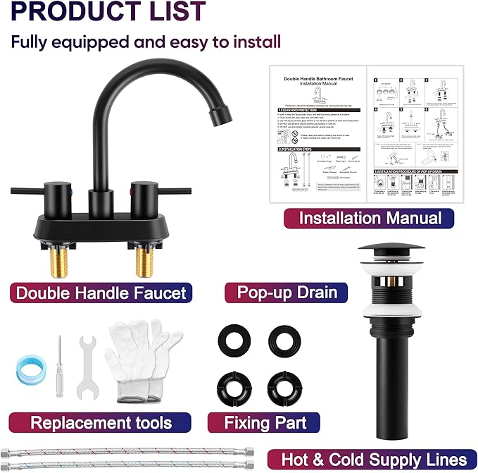 Matte Black Bathroom Faucet for 3 Hole, Herogo 4 Inch 2-Handle Bathroom Sink Faucet with Pop-Up Drain and Supply Hoses, 18/10 Stainless Steel Faucets for RV Vanity