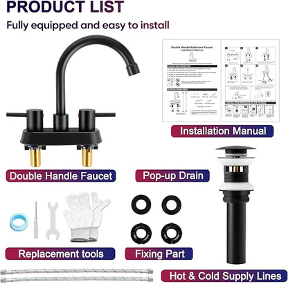 Matte Black Bathroom Faucet for 3 Hole, Herogo 4 Inch 2-Handle Bathroom Sink Faucet with Pop-Up Drain and Supply Hoses, 18/10 Stainless Steel Faucets for RV Vanity