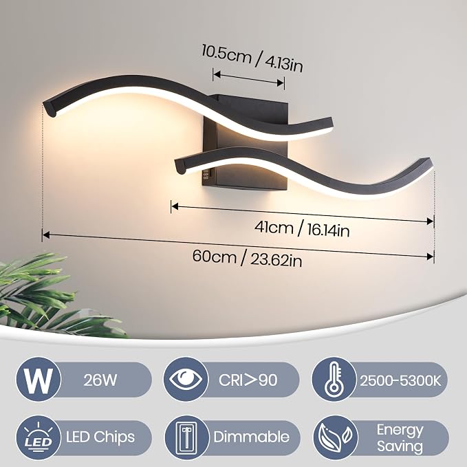 2 Packs Bathroom Vanity Light Fixture, 24in 5CCT Dimmable Modern Led Bathroom Light Fixtures Over Mirror, 26W Black LED Vanity Lighting Bar for Bathroom (Black,2 Packs, 24inch)