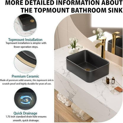 16x12 Black Ceramic Topmount Bathroom Vessel Sink | Black Drop in Top Mount Over Counter Rectangle Bathroom Sink