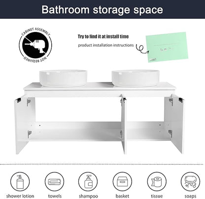 48 Inch Bathroom Vanity with Sink, 48" Floating Bathroom Vanity with Double Vessel Sinks, Modern Wall Mounted Cabinet Set, White Storage Cabinet with 3 Soft Close Doors and 2 White Ceramic Basin Sinks