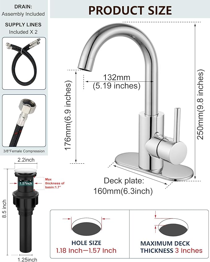 Midanya Single Hole Bathroom Faucet 1 Hole Bar Sink Faucet Suitable for Kitchen RV Vanity,304 Stainless Steel 360° Swivel Spout with Deck Plate and Pop-up Drain,Polish Chrome