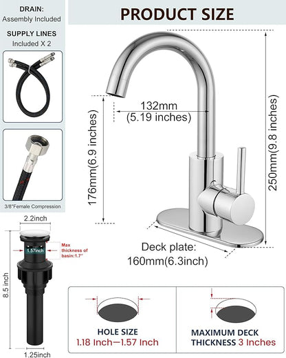 Midanya Single Hole Bathroom Faucet 1 Hole Bar Sink Faucet Suitable for Kitchen RV Vanity,304 Stainless Steel 360° Swivel Spout with Deck Plate and Pop-up Drain,Polish Chrome