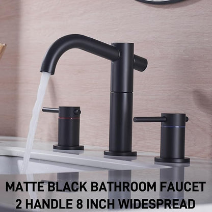 Black Bathroom Faucet 3-Hole, 2-Handle 8 Inch Widespread Matte Black Bathroom Sink Faucet with 360° Swivel Crossing Spout, with Metal Overflow Drain & cUPC Waterline