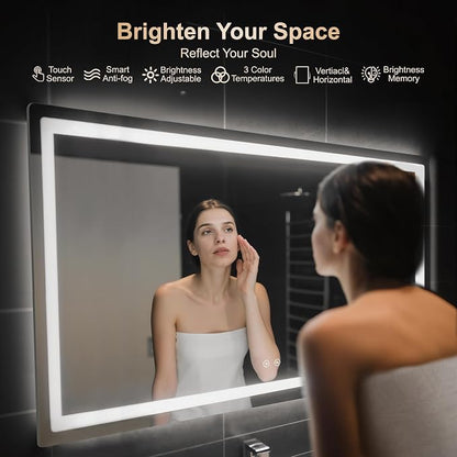30x55 LED Bathroom Vanity Mirror with Lights, Anti-Fog, Dimmable | Front & Backlit with 3 Color Modes and Memory, 5mm Shatterproof Glass, Plug-in or Hardwired, Horizontal or Vertical
