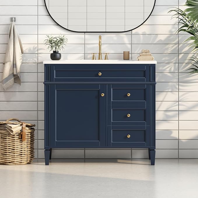 36'' Bathroom Vanity with Top Single Resin Sink Countertop Combo, Solid Wood Frame Modern Organizer Storage Cabinet, Tip-Out Drawer, Soft Closing Doors, Free Standing, Blue