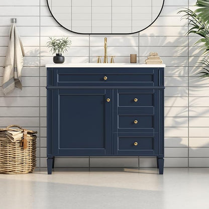 36'' Bathroom Vanity Without Sink, Solid Wood Frame Modern Organizer Storage Cabinet, Tip-Out Drawer, Soft Closing Doors, Free Standing, Blue
