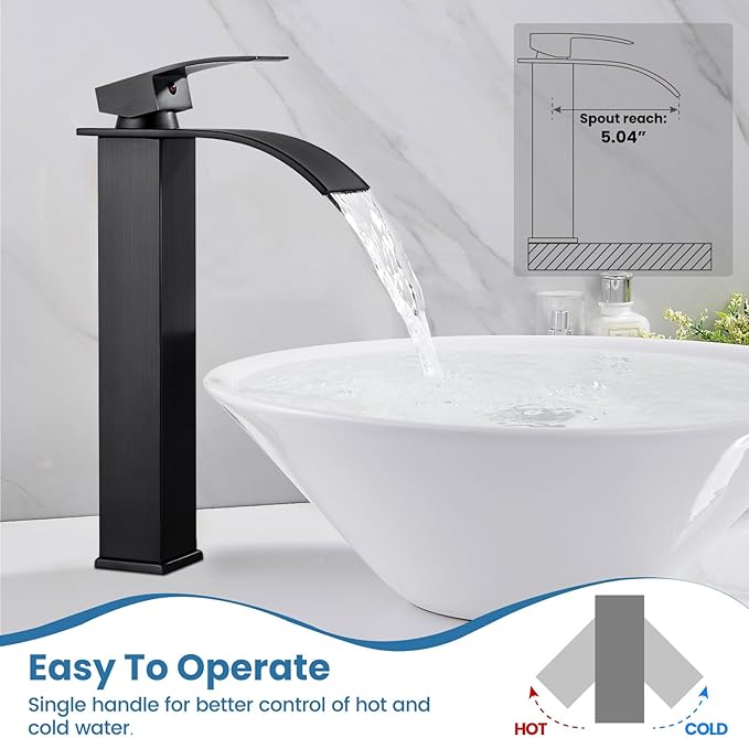 Airuida Tall Vessel Sink Faucet Oil Rubbed Bronze, Single Handle Single Hole Tall Waterfall Bathroom Faucet, Deck Mount Mixer Tap with Large Rectangular Spout Sink Washbasin Faucet Lavatory Vanity
