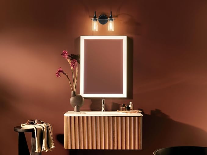 Kichler Kavi 12.5" 2-Light Vanity Light with Clear Glass in Black, Damp Rated, for Bathroom, Powder Room, Over a Mirror, (12.5" W x 10" H), 55210BK