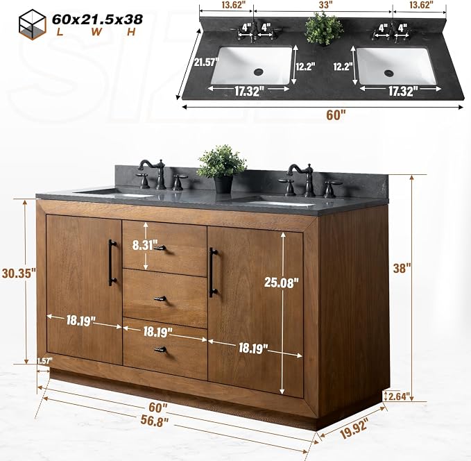 Vanity Art 60 inch Bathroom Vanity with Double Sink, Modern Wood Bath Vanity with Black Carrara Marble Top, Vanity Cabinet with Doors， Removable Shelf, Solid Wood Frame, Tan, VA7060DB