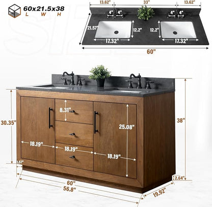 Vanity Art 60 inch Bathroom Vanity with Double Sink, Modern Wood Bath Vanity with Black Carrara Marble Top, Vanity Cabinet with Doors， Removable Shelf, Solid Wood Frame, Tan, VA7060DB