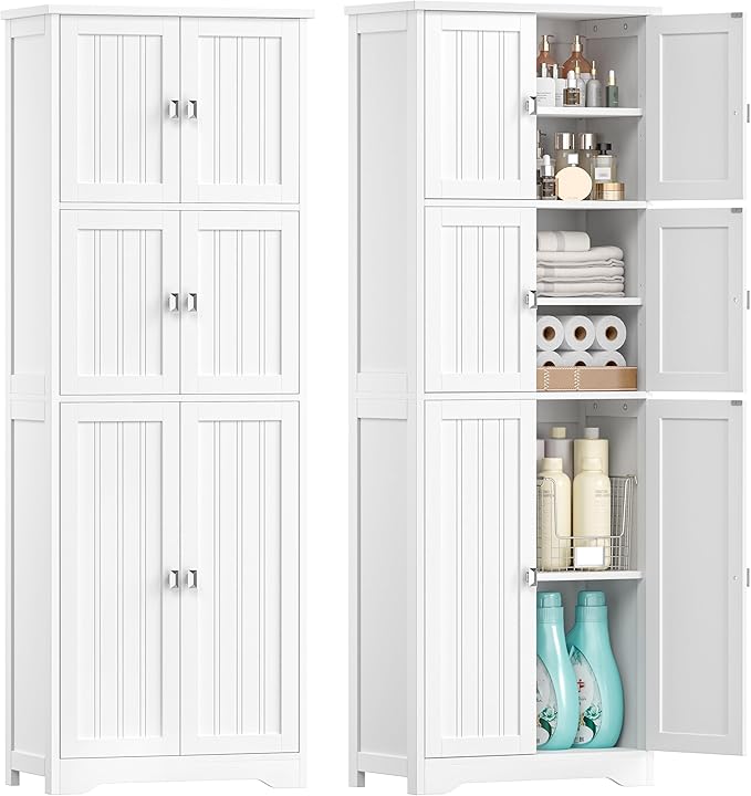 63" H Tall Bathroom Storage Cabinet, Linen Floor Cabinet with 6 Doors and Adjustable Shelves, Pantry Storage Cabinet for Bathroom, Living Room, Laundry Room, Kitchen, White