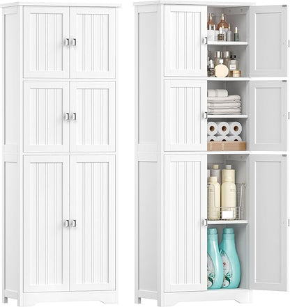 63" H Tall Bathroom Storage Cabinet, Linen Floor Cabinet with 6 Doors and Adjustable Shelves, Pantry Storage Cabinet for Bathroom, Living Room, Laundry Room, Kitchen, White