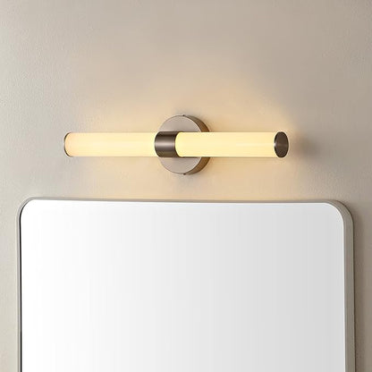 JONATHAN Y 20.13" Nickel/White 1-Light Integrated LED Vanity Light, Mid-Century Modern Iron Sconce with Frosted Acrylic Shade, Dimmable Bathroom Light Fixture for Mirror, 3000K (JYL7119B)
