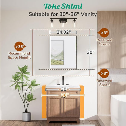 TokeShimi 24x30 Recessed Medicine Cabinet with Mirror Wall Mounted, Metal Beveled Mirror with Storage for Bathroom Vanity, Aluminum Alloy Medicine Cabinet Mirrored Black