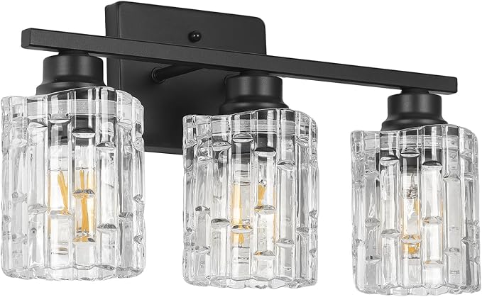 Refice 3-Light Bathroom Vanity Lights Crystal Glass, Black | Bathroom Light Fixtures Vanity Lighting Over Mirror for Living Room Farmhouse, Hallway