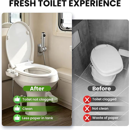 2-in-1 RV Bidet Attachment and Handheld Sprayer Combo for Camper Toilet, Non-Electric Dual Nozzle Toilet Bidet with Metal Spray Wand, Adjustable Pressure