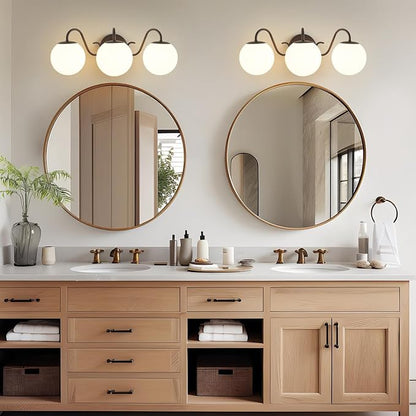 3 Lights Vintage Bathroom Vanity Light Fixtures Over Mirror, Oil Rubbed Bronze Vanity Lights For Bathroom With Milk Glass Globe Shade, Wall Lights For Bedroom, Hallway, Dressing Table(G9 Incl.)