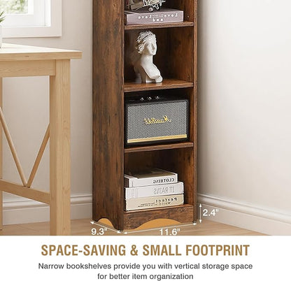 VECELO Curved Top Narrow Tall Bookshelf, 6 Adjustable Movable Shelves, Wood Space Saving Corner Storage Organizer, Retro Brown