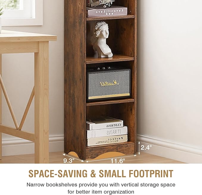 VECELO Tall Open Narrow Bookshelf, 6 Adjustable Movable Shelves, Wood Space Saving Corner Storage Rack for Small Spaces, Retro Brown