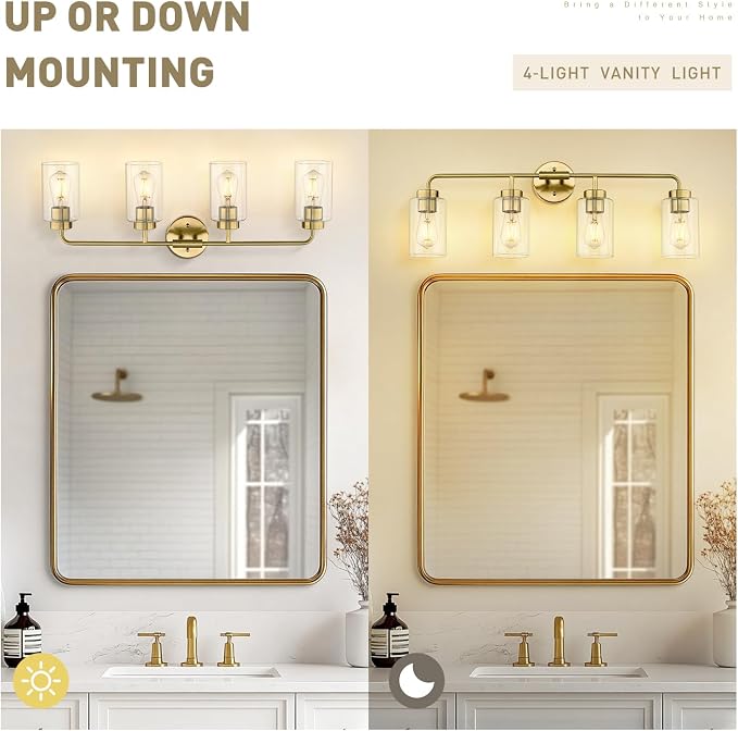 zeyu 4-Light Bathroom Light Fixtures, Gold Vanity Lights for Bathroom, 31 Inch Wall Sconce Lighting, Brushed Gold Finish, Clear Glass Finish, ZS62B-4W BG