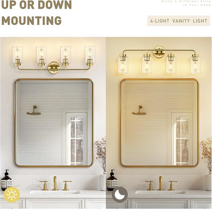 zeyu 4-Light Bathroom Light Fixtures, Gold Vanity Lights for Bathroom, 31 Inch Wall Sconce Lighting, Brushed Gold Finish, Clear Glass Finish, ZS62B-4W BG