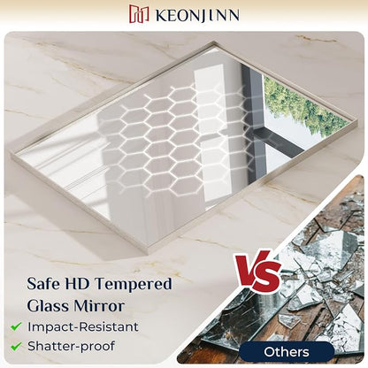 Keonjinn 24x32 Inch Nickel Bathroom Mirror for Over Sink, Aluminum Alloy | HD Tempered Glass, Vanity Mirror, Brushed Framed, Square Corner, Modern Farmhouse, Wall Mounted Mirrors, Rectangular