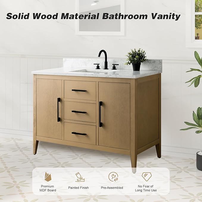 HomeBeyond 48 Inch Bathroom Vanity with Sink & Ceramic Top, Single Vanity Cabinet with Basin, Soft-Closing Doors & Matte Black Hardware, Natural Oak
