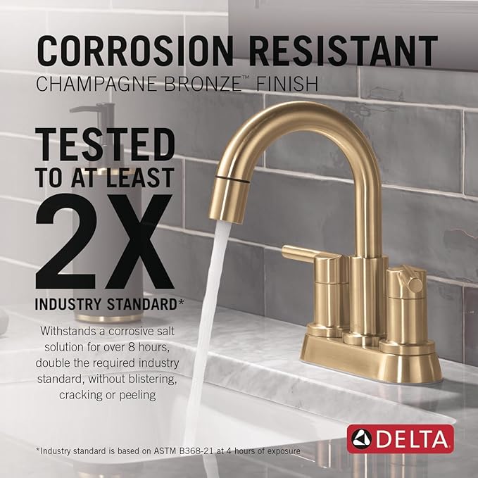 Delta Nicoli Centerset Brushed Gold Bathroom Faucet with Sprayer, 4 Inch 3 Hole Bathroom Sink Faucet with Pull Out Sprayer, Push-Pop Drain, Champagne Bronze 25749LF-CZPD