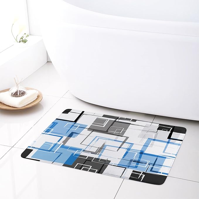 Blue Geometric Abstract Shower Curtain Sets with Rugs Blue and Gray Neutral Design Geometric Shower Curtains for Bathroom Grey Fashion Mid Century Modern Bathroom Decor, 70Lx70W inches