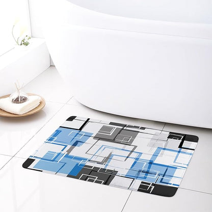 Blue Geometric Abstract Shower Curtain Sets with Rugs Blue and Gray Neutral Design Geometric Shower Curtains for Bathroom Grey Fashion Mid Century Modern Bathroom Decor, 70Lx70W inches