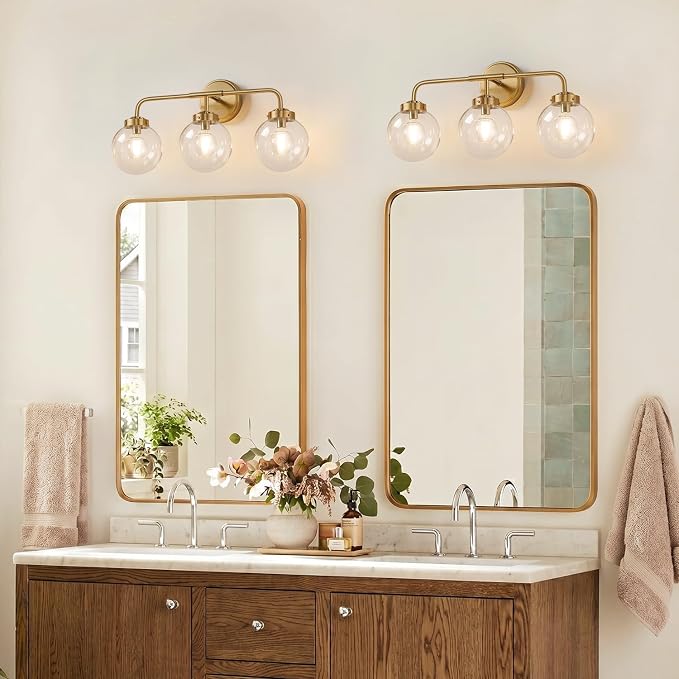 Modern Brushed Gold Vanity Lights for Bathroom, Mid Century 3 Light Bathroom Vanity Light with Globe Clear Glass Shade Over Mirror, Brass Wall Sconce for Bathroom Hallway Living Room Bedroom