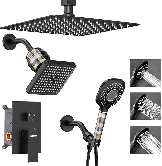 Shower Faucet Set, Ceiling Mount Shower System 10-inch & 6-inch Filtered Black Shower Head and Handle Set, Dual Shower Heads with 3 in 1 Handheld Spray and Valve & Trim Kit