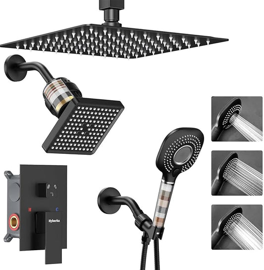 Shower Faucet Set, Ceiling Mount Shower System 10-inch & 6-inch Filtered Black Shower Head and Handle Set, Dual Shower Heads with 3 in 1 Handheld Spray and Valve & Trim Kit