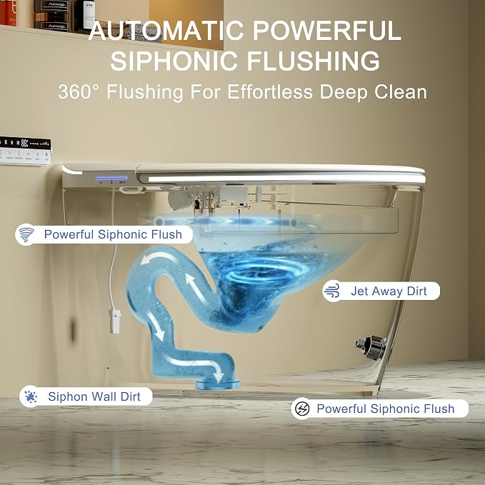 Luxury Smart Toilet with Foam Shield Auto-Open/Close Lid | Heated Seat for Bathrooms, Multiple Cleaning Modes,Aromatic Spray,Air Purification,Foot Sensor