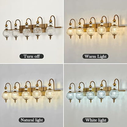 Vintage Bathroom Lights Fixtures Gold Vanity Light with Glass Globe LampShade 5 Light Brushed Brass G9 Bulb Wall Sconce Antique Indoor Vanity Light Over Mirror for Kitchen Bedroom Living Room