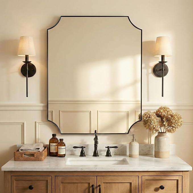 30"x36" Bathroom Vanity Mirror, Matte Black Framed Bathroom Mirror, Scalloped Mirror in Premium Stainless Steel Frame, Aesthetic Scalloped Corner Design, Hangs Vertically or Horizontally