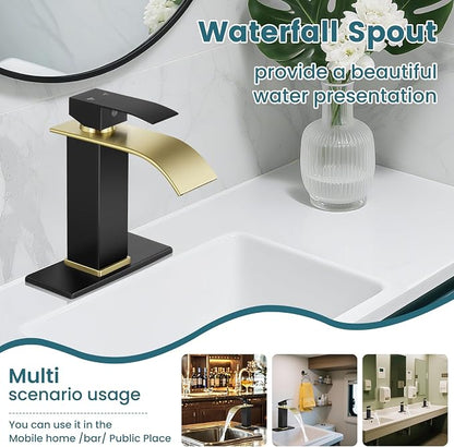 Bathroom Faucets Black and Gold Waterfall Bathroom Sink Faucet | with Pop-up Drain Supply Hoses and Deck,Single Handle Vanity Faucet,Stainless Steel,1 or 3 Hole,RV,Farmhouse Bathrooms